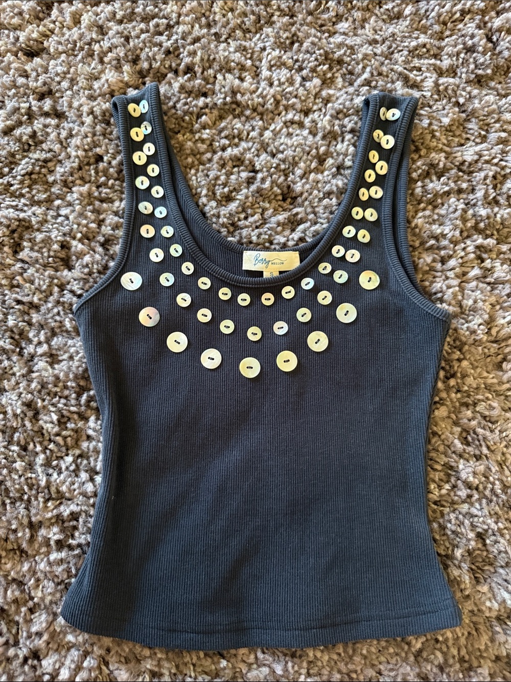 Black Ribbed Tank Top with Shell Button Embellishment